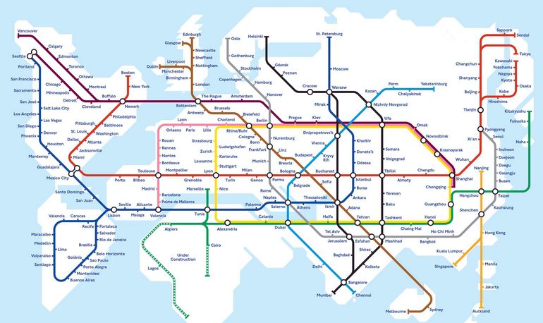 Концептуальная карта глобального метро демонстрирует, как Hyperloop может объединить весь мир