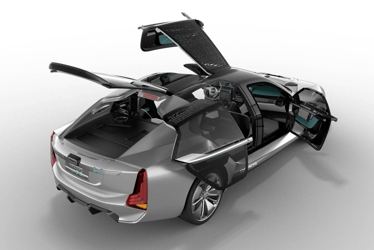 Qoros и Koenigsegg представили концепт электрического фастбэка K-EV с ассиметричными дверями трех разных типов