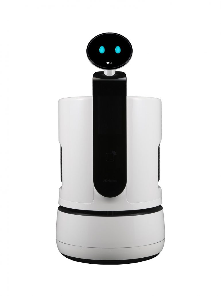 LG представила три новых робота из семейства CLOi, включая официанта Serving Robot, портье Porter Robot и магазинного гида Shopping Cart Robot