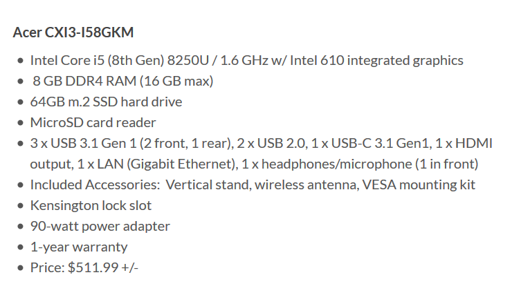 Acer        Chromebox CXI3,      $299