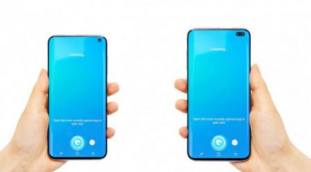 Фото передней панели Samsung Galaxy S10+ демонстрирует овальное отверстие под сдвоенную камеру Фото передней панели Samsung Galaxy S10+ демонстрирует овальное отверстие под сдвоенную камеру