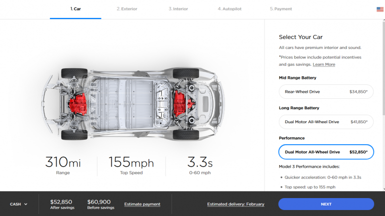 Tesla       Model 3  $1,100,      $42,900 ($34,850  )