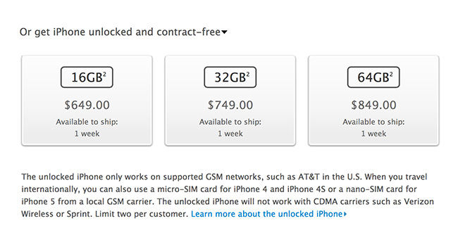 Apple начала продажу разблокированных iPhone 5 в США по цене от $650