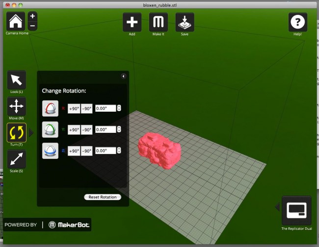 Начерченная в программе MakerWare объемная модель детали впоследствии может быть распечатана на 3D-принтере MakerBot Replicator 2