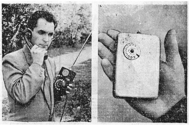 Л. И. Куприянович и его радиофон: слева трехкилограммовый образец 1957 г., а справа – усовершенствованная модель 1961 г. весом всего 500 г.