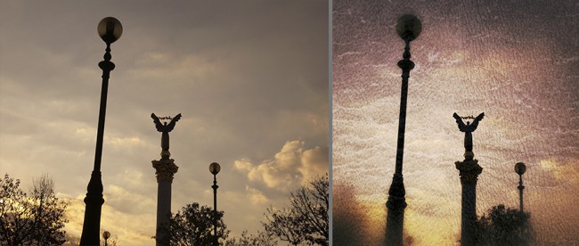 «Три шара». Слева – исходный снимок, съемка в Smart-режиме «Закат». Справа – обработанная в Snapseed версия – кадрирование, инструмент Grunge (стиль 1401, яркость +15, контрастность +37, текстура № 3 +40, насыщенность +100)