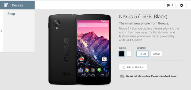 Смартфон Nexus 5 с 16 ГБ памяти был распродан сразу же после старта продаж