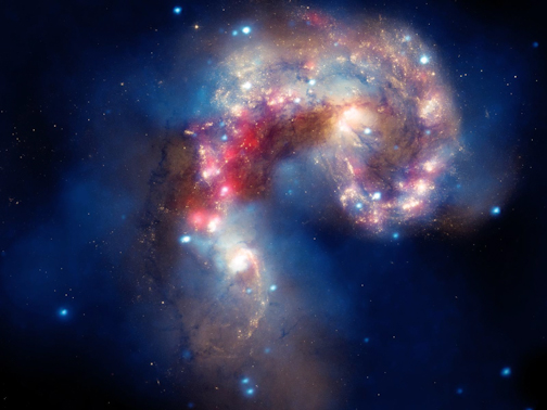 antennae-galaxies-chandra-x-ray-great-bservatory-hubble-space-telescope-spitzer-space-antenna-like-arms-wide-angle-views-system-tidal-forces-collision-nasa-jpl-sad-hill-news