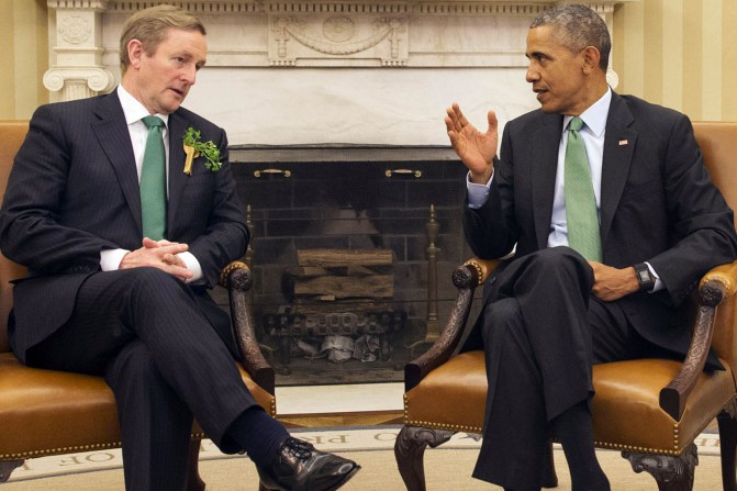 President Barack Obama meets with Irish Prime Minister Enda Kenny, on St. Patrick's Day, Tuesday, March 17, 2015, in the Oval Office of the White House in Washington. (AP Photo/Jacquelyn Martin)