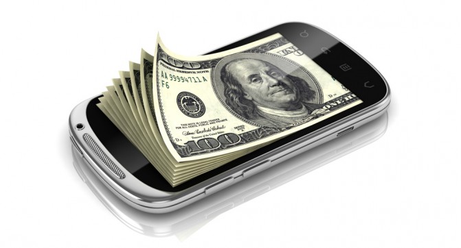 Dollars inside smart phone 3d concept