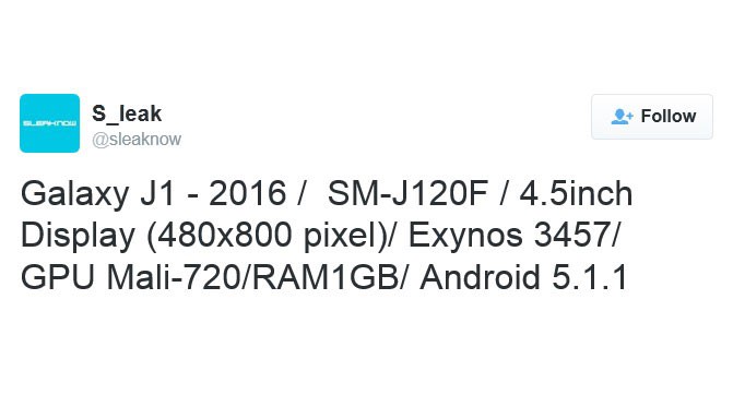 Стали известны характеристики смартфона Samsung Galaxy J1 (2016)