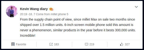 6,44-дюймовый смартфон Xiaomi Mi Max разошёлся тиражом более 1,5 млн единиц за 2 месяца