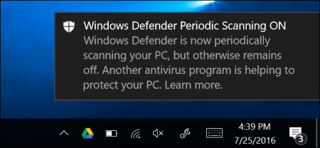 В Windows 10 Anniversary Update встроенный антивирус Defender может дополнительно сканировать систему, даже если в ней установлен другой антивирус