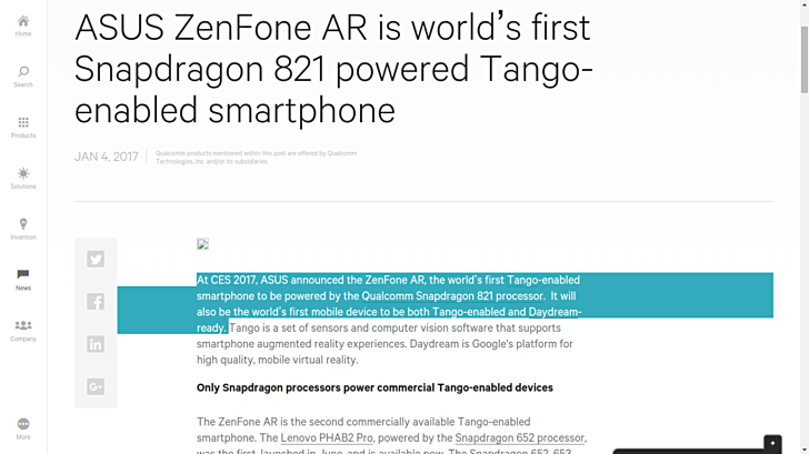 Смартфон ASUS ZenFone AR получил поддержку технологий Google Tango и Google Daydream View