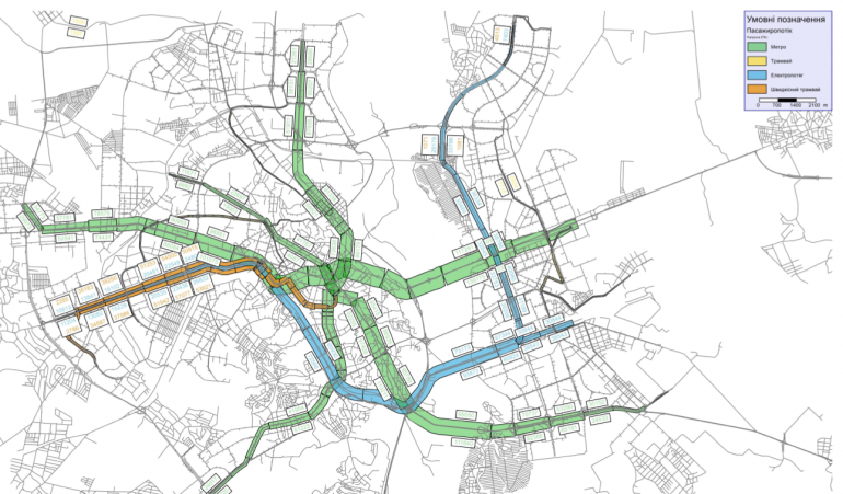 КГГА опубликовала схему маршрутов скоростного трамвая Tram-Train, который свяжет правый и левый берега Днепра через Дарницкий мост