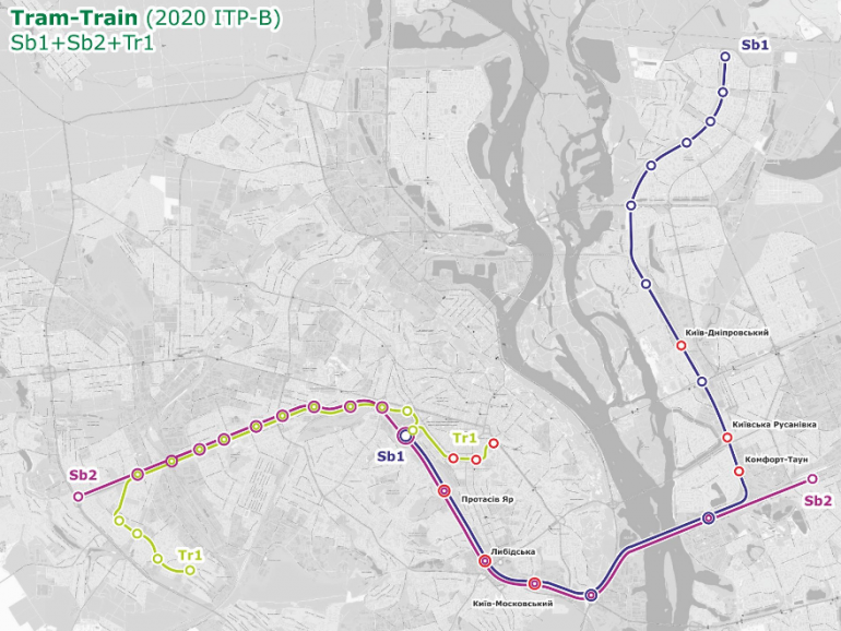 КГГА опубликовала схему маршрутов скоростного трамвая Tram-Train, который свяжет правый и левый берега Днепра через Дарницкий мост