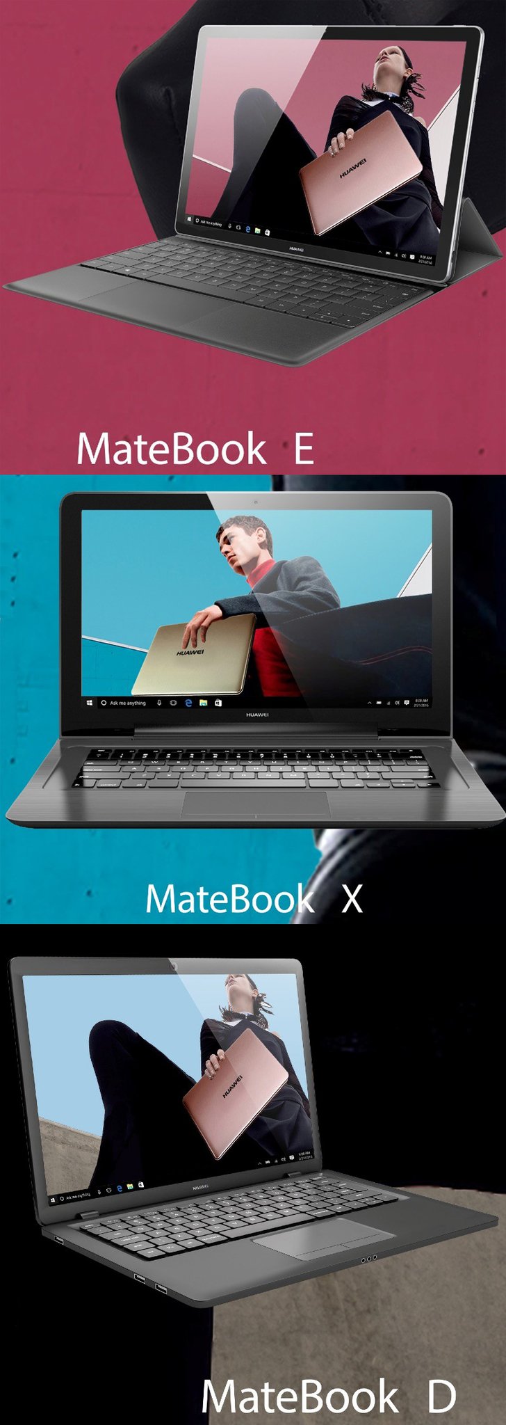 Грядущие Huawei Matebook E, X и D будут совершенно разными устройствами, опубликованы их официальные изображения