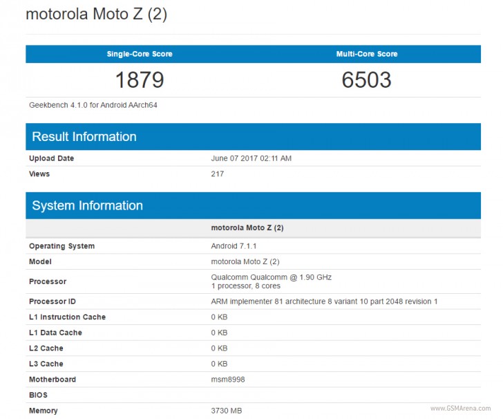 Смартфон Moto Z2 засветился в базе теста Geekbench