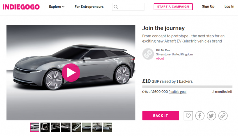 Британский стартап решил собирать средства на свой будущий электромобиль Alcraft GT на платформе Indiegogo (пока дела не очень)