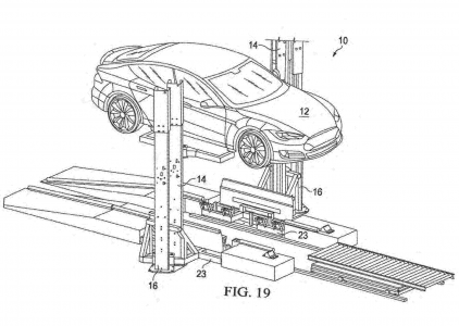 Tesla запатентовала установку, которая за 15 минут меняет разряженный блок батарей электромобиля на заряженный