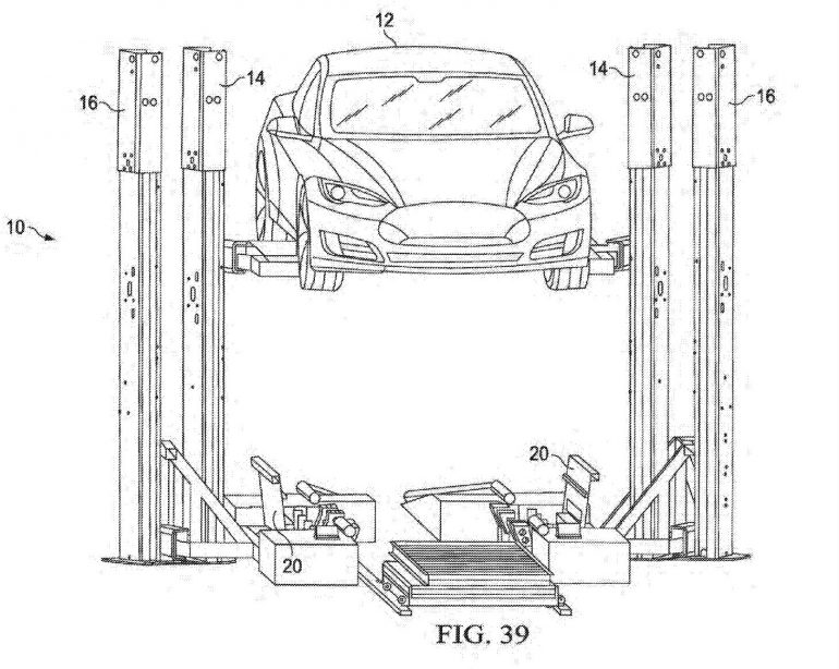Tesla запатентовала установку, которая за 15 минут меняет разряженный блок батарей электромобиля на заряженный