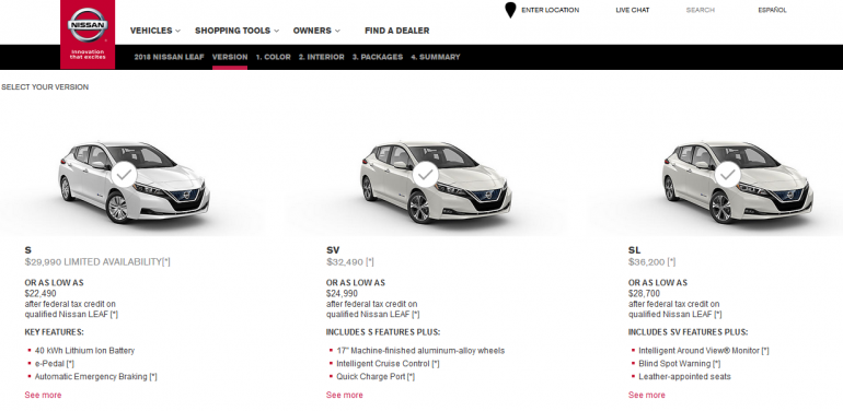 Nissan открыл для всех желающих онлайн-конфигуратор Nissan Leaf 2018, где можно выбрать подходящую версию (S, SV, SL), цвет, салон, доп. опции и узнать итоговую стоимость электромобиля
