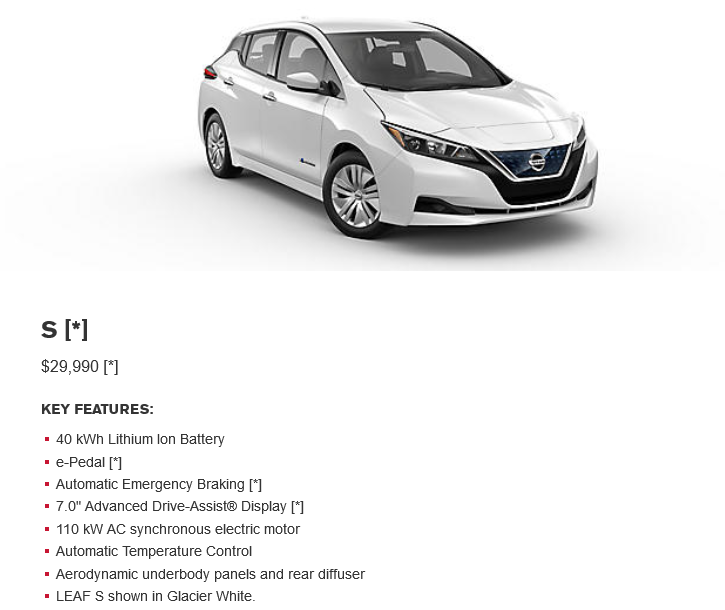 Nissan открыл для всех желающих онлайн-конфигуратор Nissan Leaf 2018, где можно выбрать подходящую версию (S, SV, SL), цвет, салон, доп. опции и узнать итоговую стоимость электромобиля
