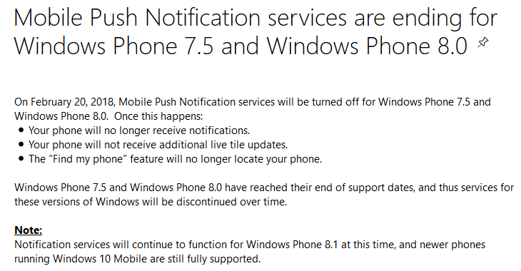 С сегодняшнего дня на смартфонах Windows Phone 7.5 и 8.0 перестали работать push-уведомления, "живые" плитки и функция Find my phone