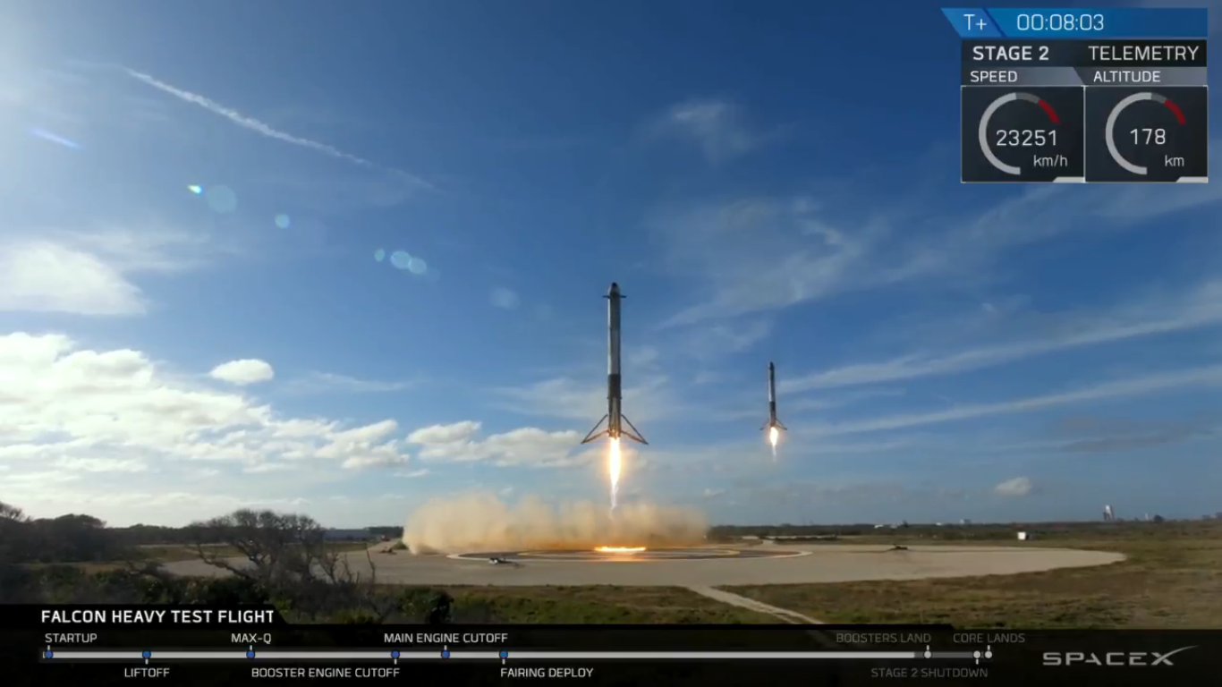 Обновлено: Центральный ускоритель Falcon Heavy разбился и повредил платформу, траектория полета Tesla сильно отклонилась от орбиты Марса