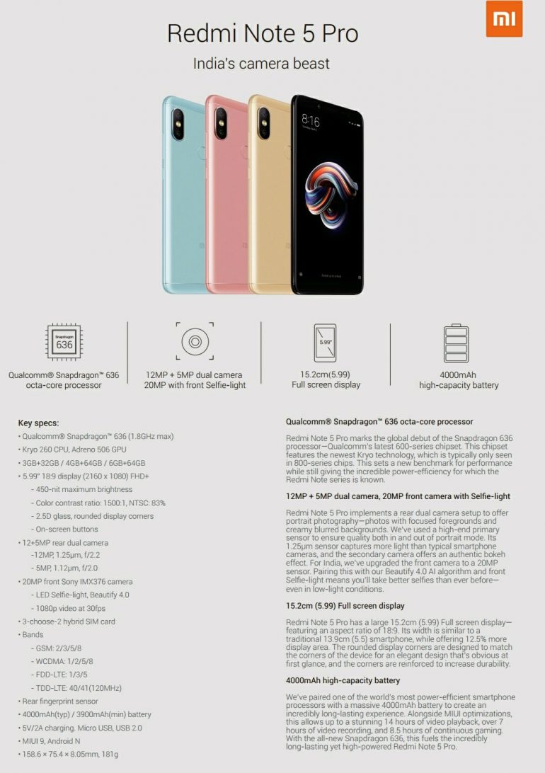 Все характеристики Xiaomi Redmi Note 5 / 5 Pro попали в сеть за день до анонса - Note 5 оказался клоном Redmi 5 Plus, а Note 5 Pro получил двойную камеру в стиле iPhone X