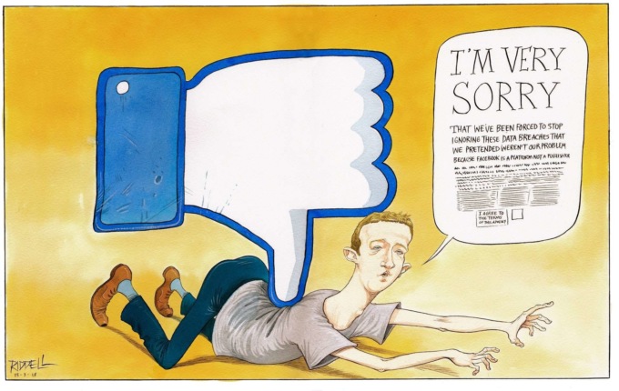 Цукерберг купил полностраничную рекламу во влиятельнейших британских и американских газетах, чтобы извиниться за утечку данных пользователей Facebook. Одно из изданий ответило карикатурой