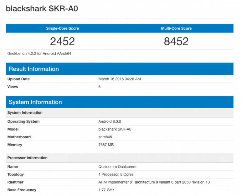Геймерский смартфон Xiaomi Blackshark на основе Snapdragon 845 и 8 ГБ ОЗУ засветился в бенчмарке Geekbench