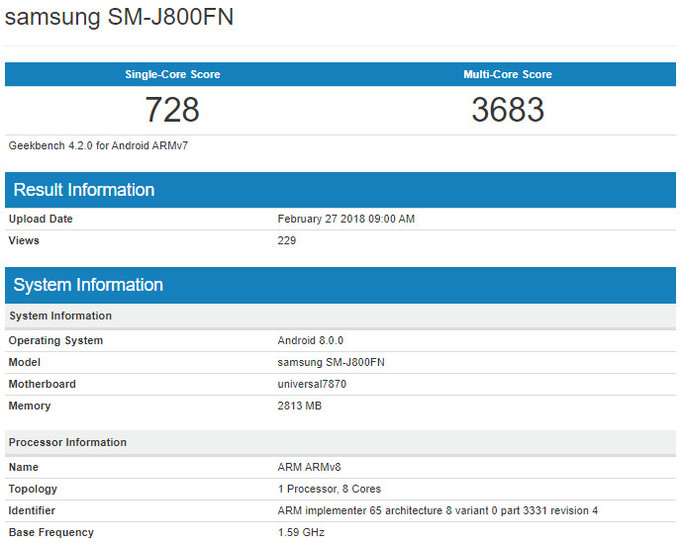 Смартфон Samsung Galaxy J8 с восьмиядерной SoC Exynos 7870 и 3 ГБ ОЗУ замечен в GeekBench