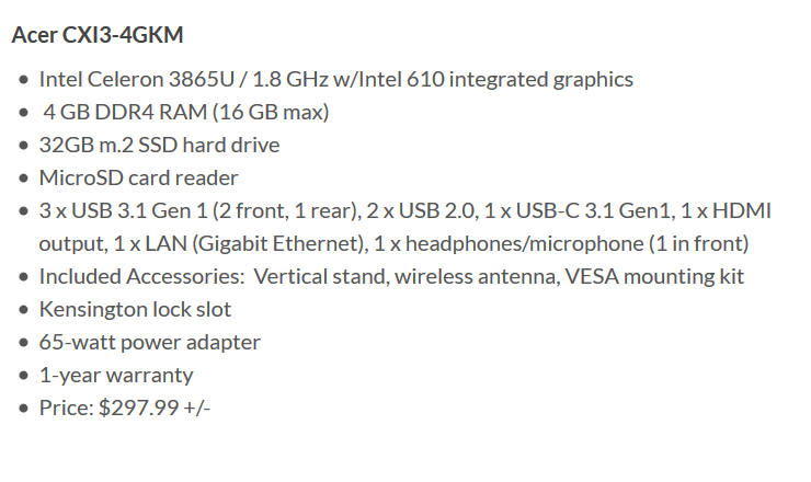 Acer открыла предзаказ и объявила характеристики нового хромбокса Chromebox CXI3, цены на устройство стартуют с $299
