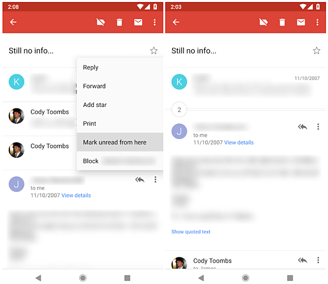 В мобильной версии Gmail для Android-смартфонов появились функции "Snooze" и "Mark unread from here"