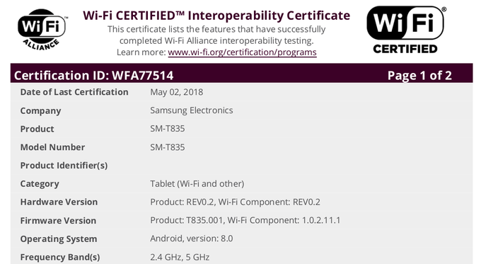 Планшет Samsung Galaxy Tab S4 прошёл Wi-Fi сертификацию