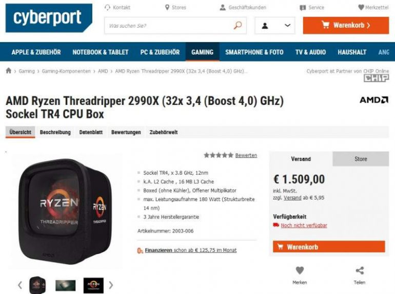 32-ядерный процессор AMD Ryzen Threadripper 2990X уже доступен для заказа по цене €1509 (+ тест 3DMark)