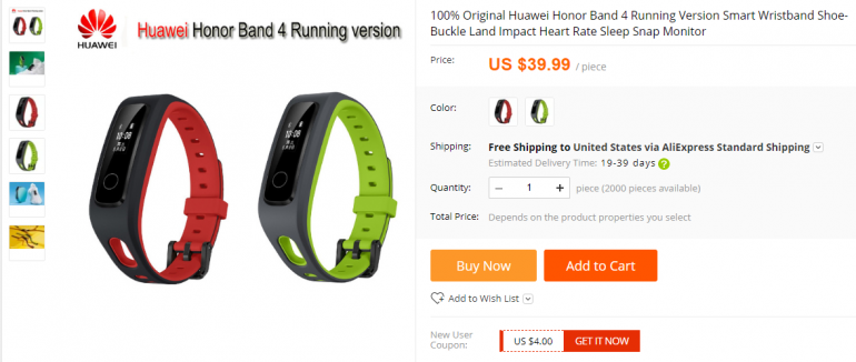 Фитнес-трекер Honor Band 4 ещё до презентации засветился на AliExpress по цене $39