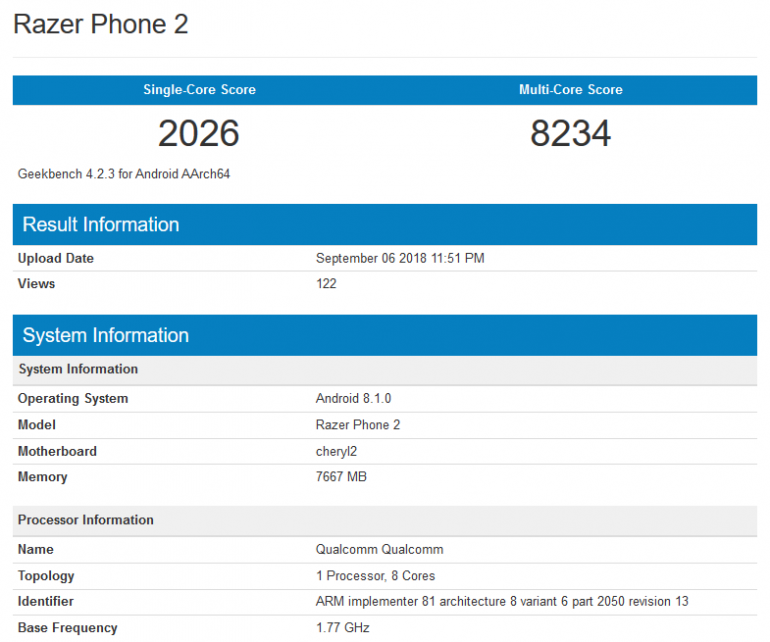 Геймерский смартфон Razer Phone 2 обнаружили в базе Geekbench, он получит 8 ГБ ОЗУ и Snapdragon 845 (а не 855)