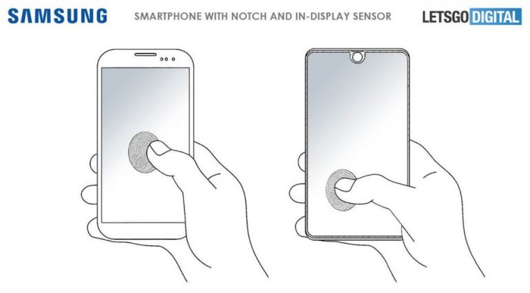 В патенте Samsung изображён безрамочный смартфон с вырезом и подэкранным сканером отпечатков пальцев, срабатывающим в любом месте [+ концептуальный рендер Galaxy S10+]