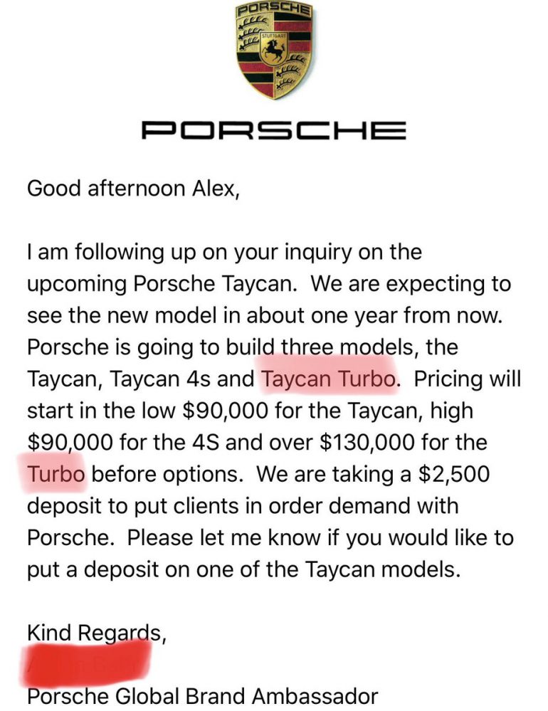 Инсайд: Топовую версию электромобиля Porsche Taycan назовут "Taycan Turbo", ее стоимость составит от $130 тыс. и выше
