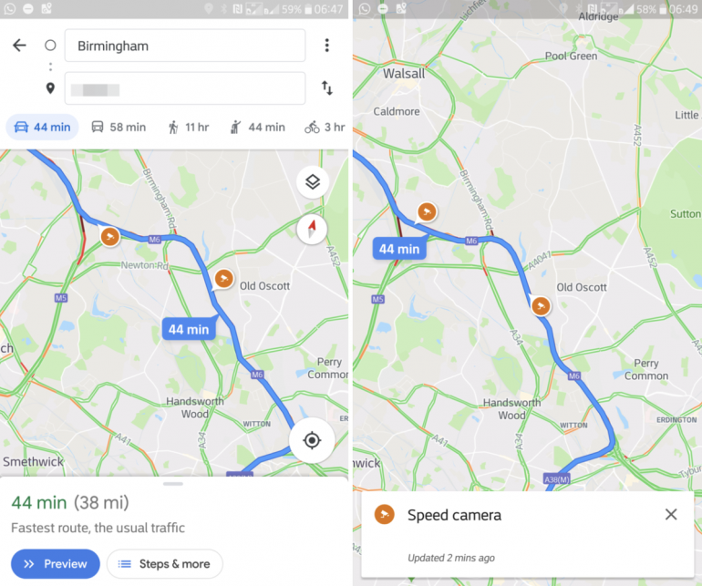 В Google Maps появились значки дорожных камер контроля скорости