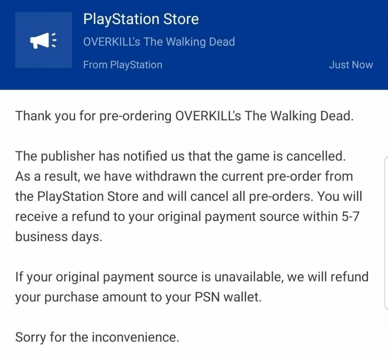 Консольные версии Overkill's The Walking Dead отменены. Также прекращена поддержка игры на ПК