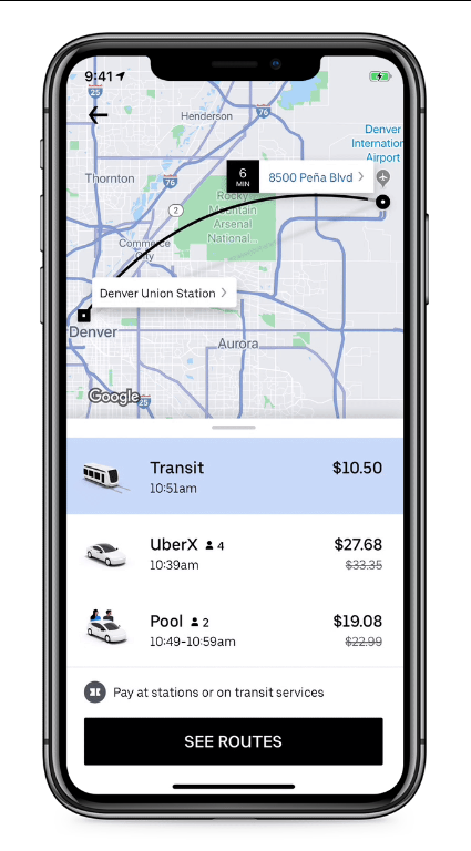 Uber добавил в приложение для поездок опцию выбора общественного транспорта (пока только в Денвере)