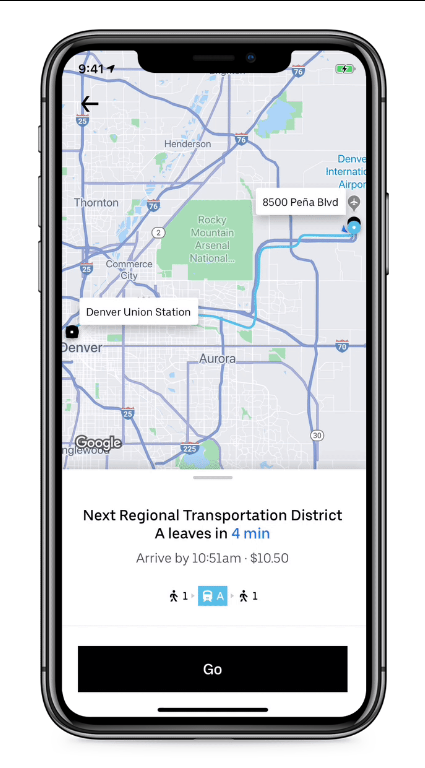 Uber добавил в приложение для поездок опцию выбора общественного транспорта (пока только в Денвере)