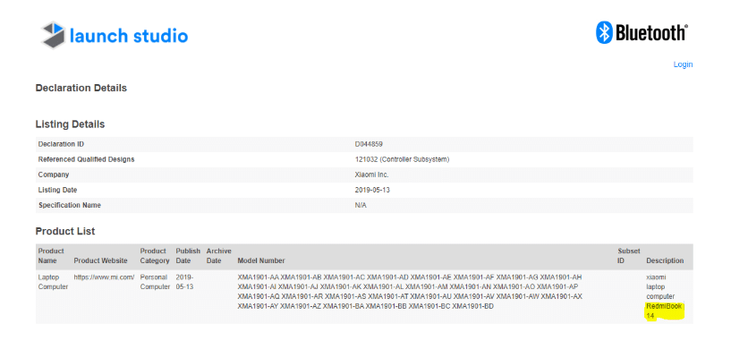 RedmiBook 14 — первый ноутбук бренда Redmi на CPU Intel прошел сертификацию Bluetooth SIG
