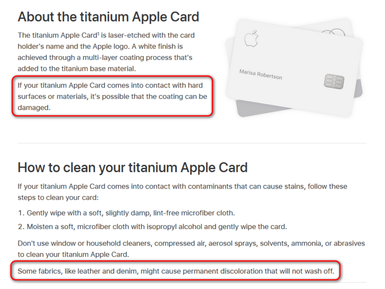 Apple предупредила, что титановая карта Apple Card может покрыться пятнами, если хранить ее в кожаных кошельках или карманах джинс