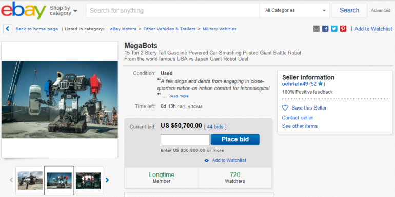 Компания MegaBots обанкротилась, гигантского робота Eagle Prime продают на eBay по стартовой цене $1