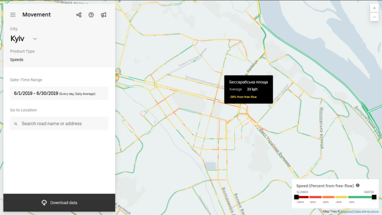 Uber запустил в Украине онлайн-сервис Uber Movement, который отображает среднее время передвижения из одной зоны города в другую