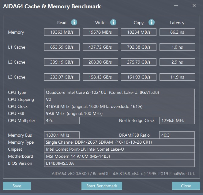 MSI Modern 14 AIDA64 cache/memory benchmark